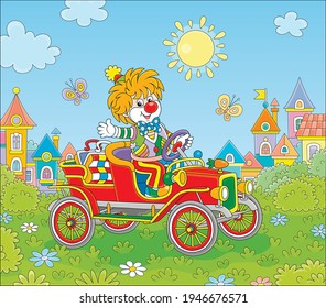 Friendly smiling clown in a colorful comic suit driving a funny retro car in a circus performance on a green playground in a summer park of a small pretty town, vector cartoon illustration