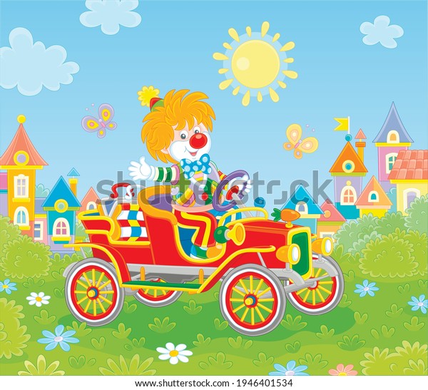 Friendly\
smiling clown in a colorful comic suit driving a funny retro car in\
a circus performance on a green playground in a summer park of a\
small pretty town, vector cartoon\
illustration