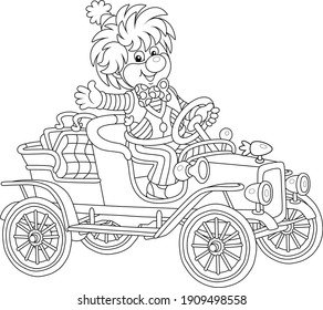 Friendly smiling clown in a comic suit driving a funny retro car in a circus performance, black and white outline vector cartoon illustration for a coloring book page