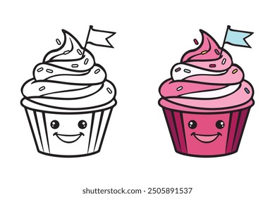 Friendly Smiling Cupcake Coloring Page for Kids - Coloring Book for Adults and Kids
