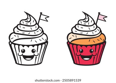 Friendly Smiling Cupcake Coloring Page for Kids - Coloring Book for Adults and Kids