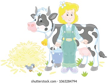 Friendly smiling cute milkmaid holding a bucket full of milk and standing near her cow after milking, a vector illustration in cartoon style