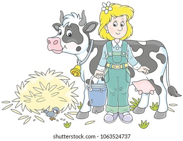 Friendly smiling cute milkmaid holding a bucket full of milk and standing near her cow after milking, a vector illustration in a cartoon style