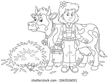 Friendly smiling cute milkmaid holding a bucket full of milk and standing near her cow after milking, a black and white vector illustration in a cartoon style for a coloring book