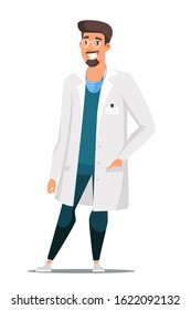 Friendly smiling dentist character isolated on white. Happy stomatologist in uniform and eyeglasses. Medical staff. Doctor and teeth care. Cartoon people character. Vector flat illustration