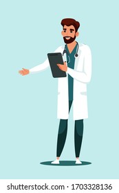 Friendly smiling dentist inviting invisible visitor standing isolated on gradient green. Man doctor in uniform and stethoscope holding patient card on clipboard. Medical dentistry service