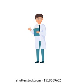 Friendly smiling doctor at glasses wearing smock and shows thumbs up.  Male medical worker cartoon character. Vector illustration