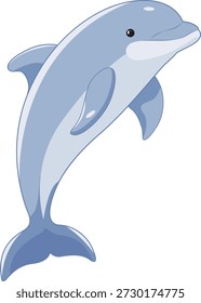Delfín sonriente amistoso en pose vertical diseñado en estilo de Vector plano limpio. Ideal para contenido infantil, temas marinos, materiales educativos y diseños relacionados con el océano