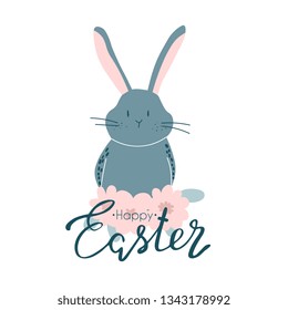 Friendly smiling Easter Bunny with a basket of colorfully painted eggs walking among flowers on green grass on sunny spring day, vector illustration in a cartoon style