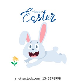 Friendly smiling Easter Bunny with a basket of colorfully painted eggs walking among flowers on green grass on sunny spring day, vector illustration in a cartoon style