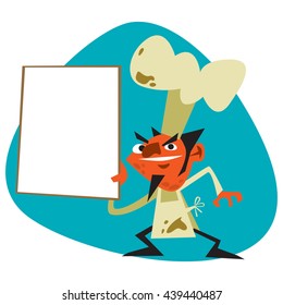Friendly smiling Evil devil Chef with red body and big dirty Chef's hat and with black whiskers and big nose showing big white Menu on contrast background. Vector based cartoon style.
