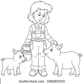 Friendly smiling farm workwoman feeding funny piglets, black and white vector illustration in a cartoon style for a coloring book