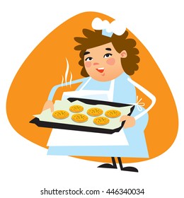 Friendly smiling female Chef with small Chef's hat and brown hair showing big pot with hot biscuits on orange background. Vector based cartoon style.