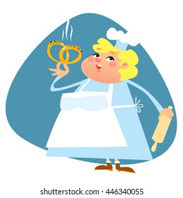 Friendly smiling female Chef with small Chef's hat and blond hair showing big hot pretzel with poppy on blue background. Vector based cartoon style.