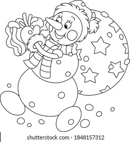 Friendly smiling funny snowman with a hat, a warm scarf and mittens carrying a big bag of Christmas gifts for little kids, black and white outline vector cartoon illustration