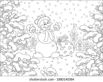 Friendly smiling funny snowman with a warm hat, a scarf and mittens brought a big bag of magic New Year gifts for little kids on a snowy winter day, black and white vector cartoon