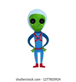 Friendly smiling green alien with big eyes wearing blue space suit, alien positive character cartoon vector Illustration