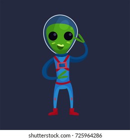 Friendly smiling green alien with big eyes wearing blue space suit waving his hand, alien positive character cartoon vector Illustration