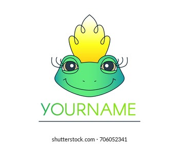 Friendly smiling green frog in a crown, logotype isolated on white background. Magic fairytale toad with long curled eyelashes. Fantastic creature, cartoon character. Animal princess. Amphibian queen.
