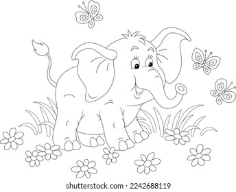 Friendly smiling little baby elephant playing with merrily fluttering butterflies among summer field flowers, black and white outline vector illustration for a coloring book