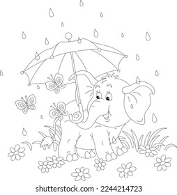 Friendly smiling little baby elephant and merry butterflies hiding from a rain under a toy umbrella on a summer field with flowers, black and white outline vector illustration for a coloring book