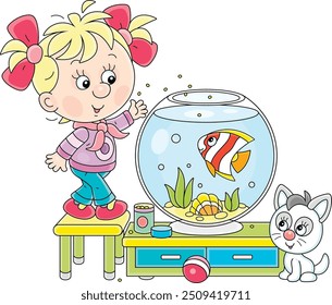 Friendly smiling little girl with her cute small kitten feeding a funny striped aquarium butterfly fish in a nursery room, vector cartoon illustration on a white background