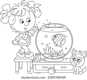 Friendly smiling little girl with her cute small kitten feeding a funny striped aquarium butterfly fish in a nursery room, black and white vector cartoon illustration for a coloring book