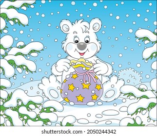 Friendly smiling little polar white bear sitting on a snow-covered forest glade and opening a beautiful bag with a holiday gift on a snowy winter day, vector cartoon illustration