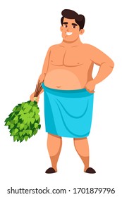 Friendly smiling man bathhouse attendant character wearing towel loincloth holding oak birch broom with green leaf in hand standing isolated on white background. Sauna and steam room staff