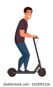 Friendly smiling man on electric scooter. Happy male prefer eco transportation. Active lifestyle. Boy enjoying futuristic e-scooter ride. Vector flat illustration