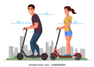 Friendly smiling man woman on electric scooters. Happy couple prefer eco transportation. Cartoon city landscape. Active lifestyle. People enjoying futuristic e-scooter ride. Vector flat illustration