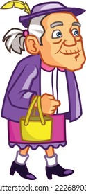 Friendly Smiling Old Lady Walking with Hand Bag Cartoon