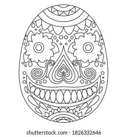 Friendly smiling ornament sugar skull stock vector illustration. Day of the dead funny calavera coloring page for kids and adults. Latino traditional dia de murtos festival sugar skull black and white