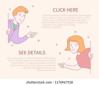 Personajes sonrientes simpáticos alineados con un conjunto de vectores planos, un centro de soporte en línea, un concepto de página web.Haga clic aquí, vea detalles, banners, hombre y mujer con el dedo indicativo de la mano, emociones y expresiones