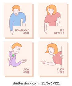 Friendly Smiling People Characters Line Flat Vector Set,online Support Center,web Landing Page Concept.Man,woman With Hand Pointing Finger,look Click Here Banner,download Icon,see Details,emotions