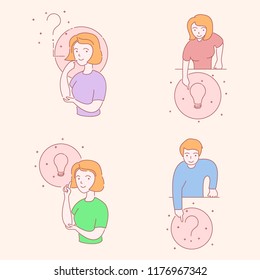 Friendly smiling people characters line flat vector set,online help support center,web landing page concept.Man,woman with hand pointing finger,answer question mark,emotions,lamp idea icon symbol