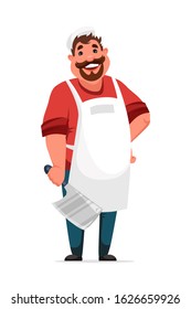 Friendly Smiling Professional Butcher Man Wearing Uniform And Holding Cutting Knife In Hand Standing Isolated On White. Cartoon Human Character. Butchery Market Staff. Vector Illustration