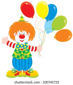 Friendly smiling red circus clown holding colorful balloons and waving in greeting