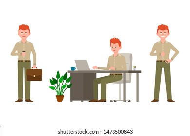 Friendly, smiling, red hair young office man in green pants vector illustration. Standing with coffee cup, typing on laptop, sitting at desk boy cartoon character set