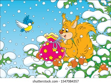 Friendly smiling red squirrel with a beautiful bag of Christmas gifts and nuts on a snow-covered branch of a green fir in a winter forest on a snowy day, vector cartoon illustration