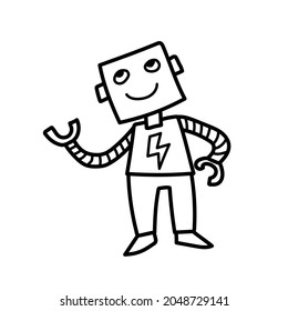Friendly smiling robot, hand drawn doodle of a helpful robot, isolated on a white background.