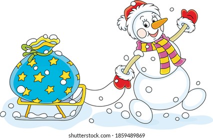 Friendly smiling snowman with a red hat, a warm scarf and mittens carrying a big bag of winter holiday gifts on a toy sledge, vector cartoon illustration isolated on a white background