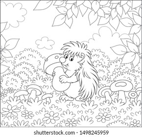 Friendly smiling spiny hedgehog holding a big mushroom on a pretty glade of a forest, black and white vector illustration in a cartoon style for a coloring book