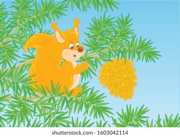 Friendly smiling squirrel with a big cone on a branch of a green prickly fir tree in a wild forest, vector cartoon illustration