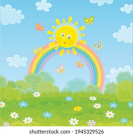 Freundlich lächelnde Sonne mit einem bunten Regenbogen und Schmetterlinge flitzen nach warmem Sommerregen fröhlich über ein grünes Feld mit Blumen und grünen Buchsen, Vektorgrafik-Illustration