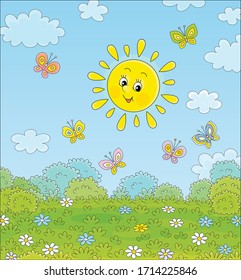 Friendly smiling sun playing with cheerful colorful butterflies flittering over a green field with beautiful flowers on a pretty summer day, vector cartoon illustration