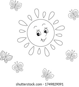 Friendly smiling sun playing with cheerful butterflies flittering around on a pretty summer day, black and white vector cartoon illustration for a coloring book page