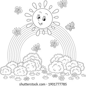 Freundlich lächelnde Sonne mit Regenbogen und Schmetterlinge flitzern nach warmem Sommerregen über ein hübsches Feld mit Blumen und Sträuchern, schwarz-weißer Skizze, Vektorgrafik