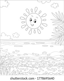 Friendly smiling sun shining a sandy beach with palm branches on a beautiful island in a tropical sea on a summer day, black and white vector cartoon illustration for a coloring book page