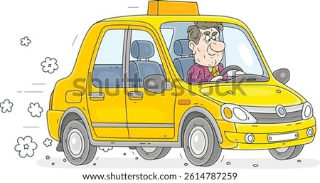 Friendly smiling taxi driver in his yellow cab speeding down a road, vector cartoon illustration on a white background